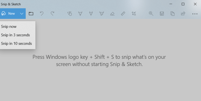 Snip and Sketch, showing the New menu: Snip now, snip in 3 seconds, snip in 10 seconds