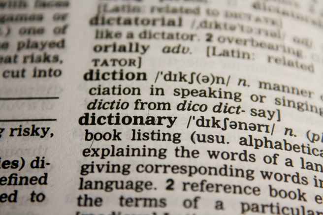 Photo of dictionary entries for dictatorial, diction and dictionary