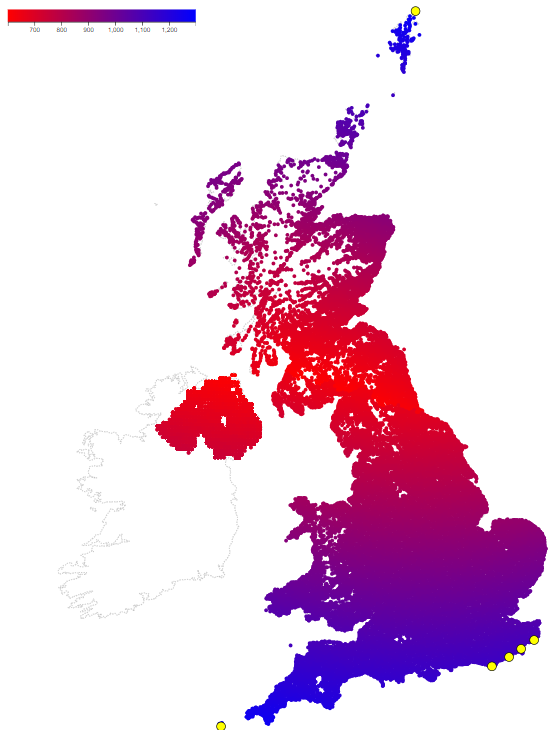 Map showing how far away the most remote UK postcode is from all UK postcodes