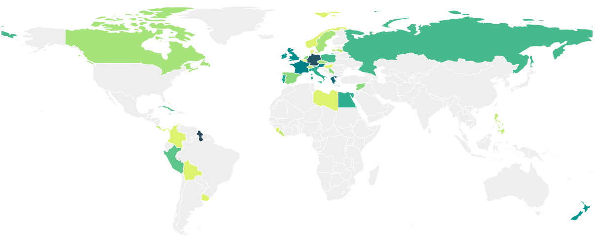 Choropleth world map showing how many times each country's capital