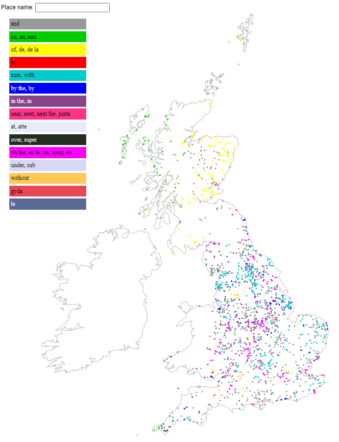 A static view of an interactive map showing GB place names made of smaller bits.  Clicking on this map will take you to the interactive version.