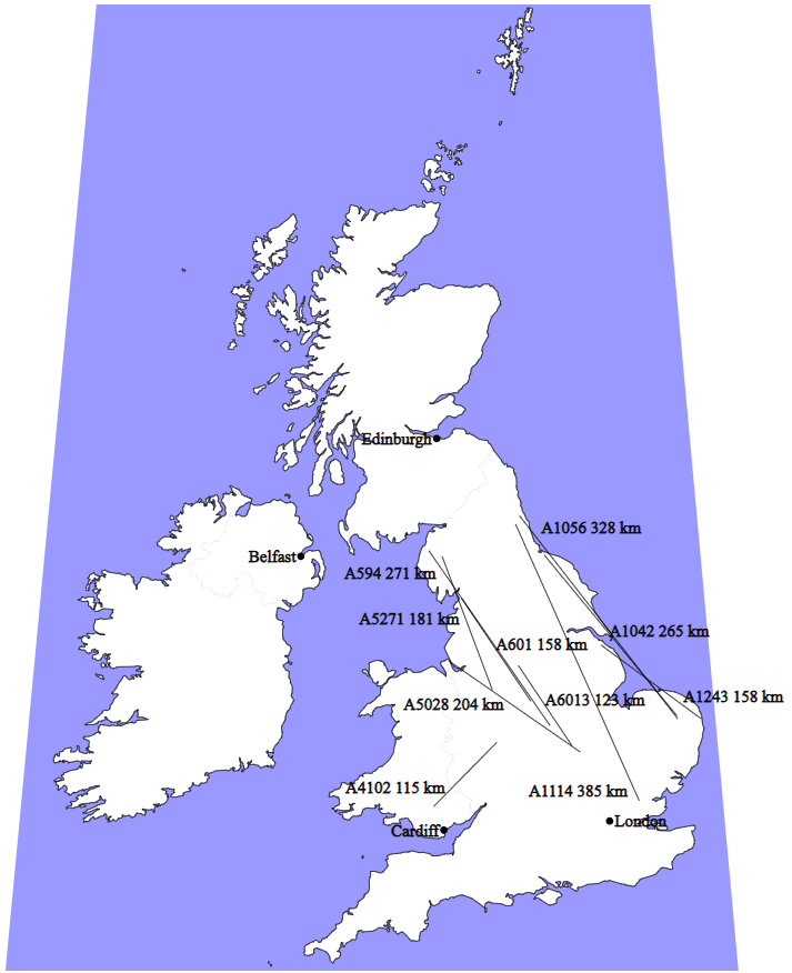 Map of the UK showing where gaps in roads are, and their sizes