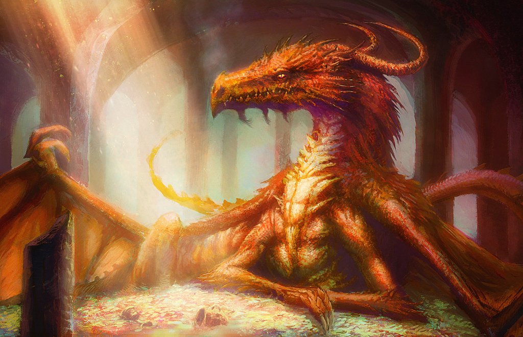 A dragon (Smaug, from Tolkien's novels) sitting on a pile of gold and other treasure